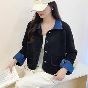 春款牛仔拼接翻领水貂绒毛衣开衫外套女新款小个子短款小香风上衣