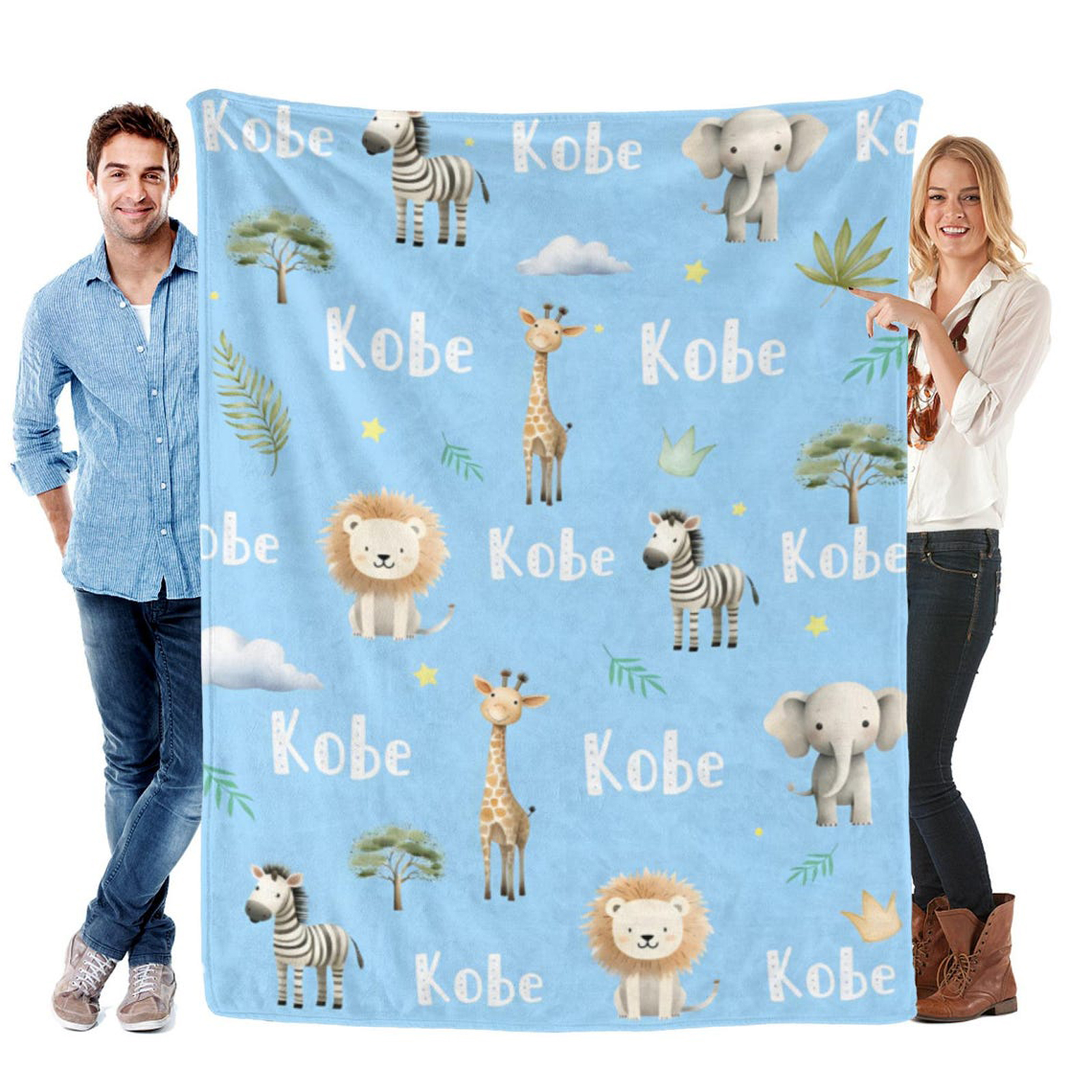 个性化定制名字丛林动物毛毯长颈鹿大象婴儿童午睡毯生日家居礼物