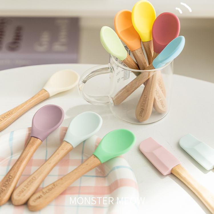 7F Meow宠物猫咪狗狗专用勺子木柄食品级硅胶材质榉木汤勺罐头勺