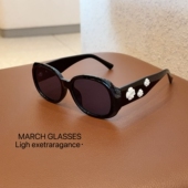 法式 复古山茶花黑白配太阳眼镜女防紫外线全黑墨镜潮流简约 中古款