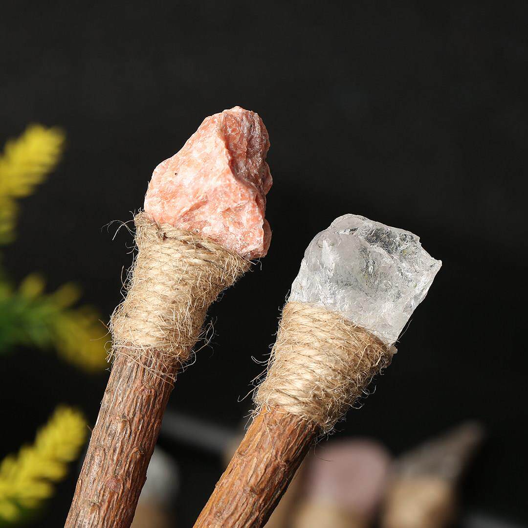 手杖天然水晶原石魔法笔手帐圆珠笔实木手工制作权杖签字笔送朋友
