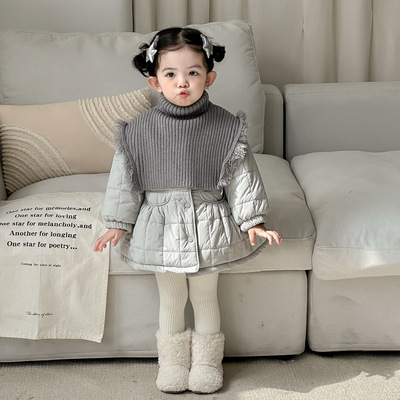 点兮冬季新款婴幼儿中长款加绒加厚棉服女宝宝高领毛衣披肩棉衣潮