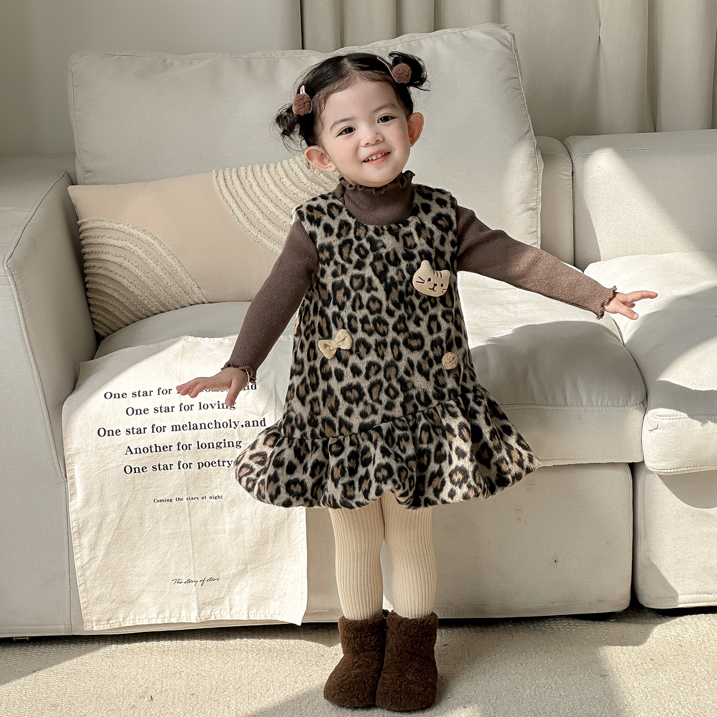 点兮冬季新款婴幼儿加绒加厚豹纹连衣裙套装女宝宝裙子毛衣两件套