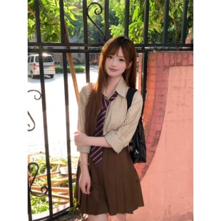 JIC火星institutejk衬衫上衣女条纹长袖宽松衬衣奶茶棕jk制服套装