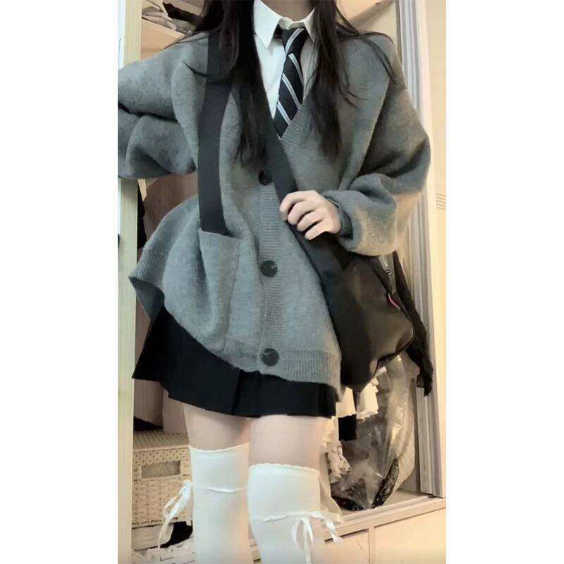 JIC胖薯大码套装学院风韩版V领口袋毛衣针织开衫外套女领带衬衫短