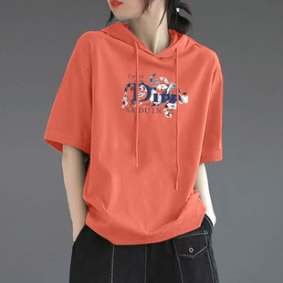 宽松体恤衫 2025新款 大码 上衣 显瘦短款 t恤女爆款 纯棉连帽短袖 夏季