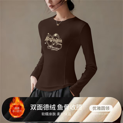 德绒圆领加绒长袖T恤女2025秋冬