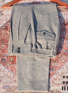 HBM新款灰色千鸟格羊绒修身西裤男中腰薄款小直筒九分长裤 可定制