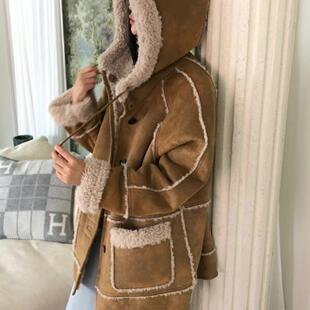 现货breathe韩国代购东大门24款连帽复古做旧中长款皮毛一体外套