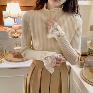 针织衫 新款 气质毛衣杏色长袖 蕾丝花边打底衫 女春秋半高领修身