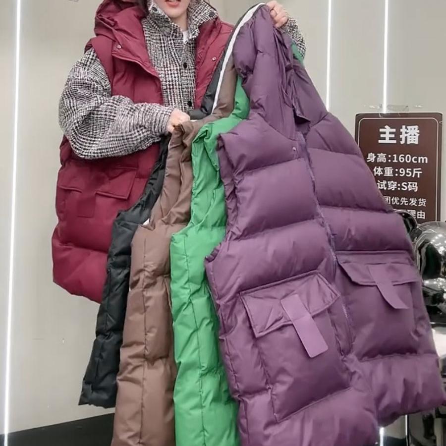 大码微胖MM宽松连帽皮标棉服马甲外套女2024秋冬百搭中长款面包服