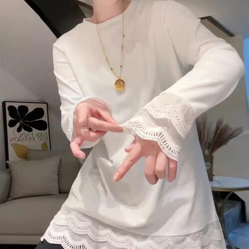 长袖拼接蕾丝花边白色T恤女秋冬
