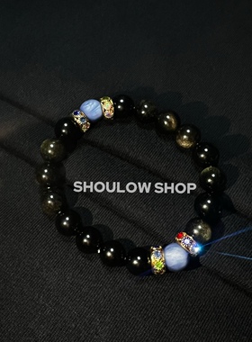 SHOULOW【渊枢】原创高级感轻奢黑曜石手串10mm金曜石复古手链ins