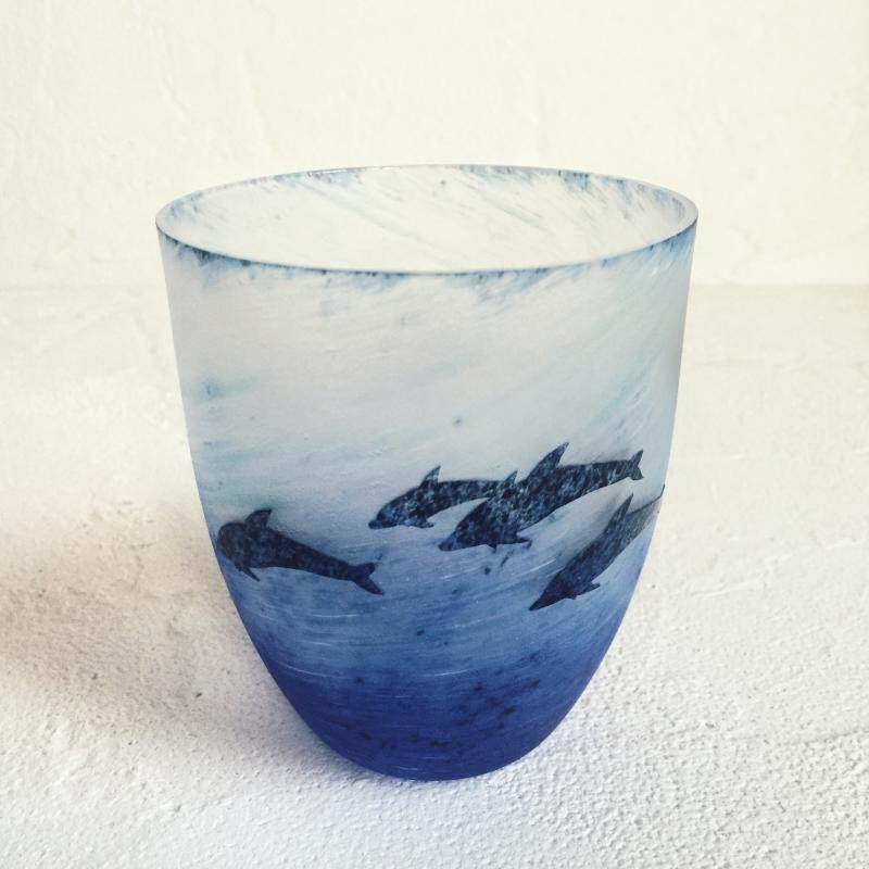 {珈琏XH}月夜野工房手工烧制玻璃杯啤酒杯水杯海の诗 海豚 日本制