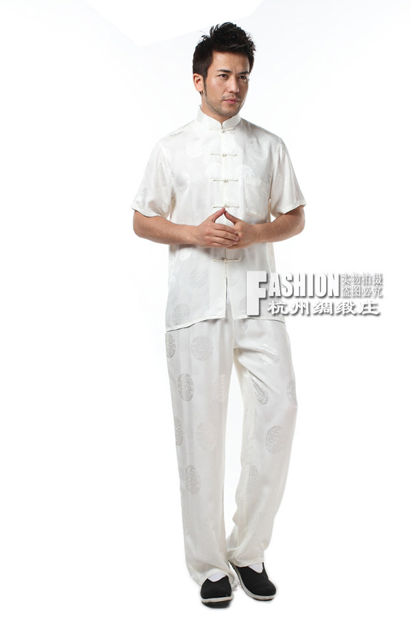 100%真丝男装 中式立领短袖 中老年夏装 爸爸上衣 桑蚕丝唐装套装