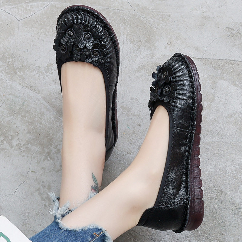 平底单鞋女百搭软皮舒适牛筋软底皮鞋真皮女鞋中老年妈妈鞋春秋款