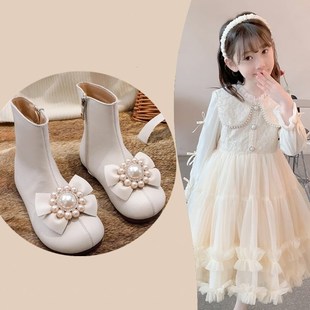 马丁靴女款儿童秋冬季白色加绒二棉巨好看配裙子软底平底皮鞋短靴