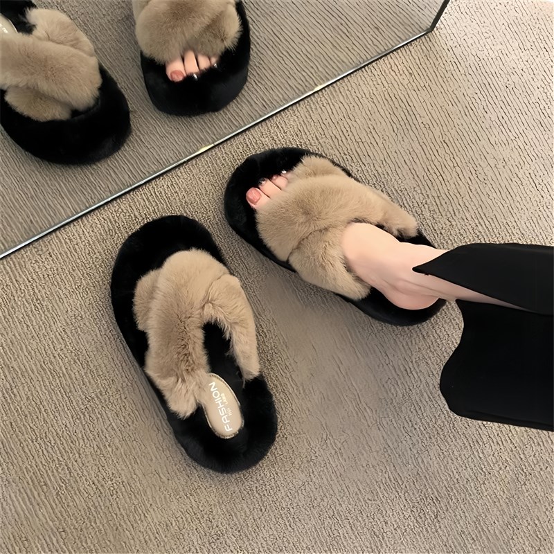 女士外穿毛毛拖鞋厚底冬天毛绒鞋子高级感外出交叉时尚保暖毛茸茸