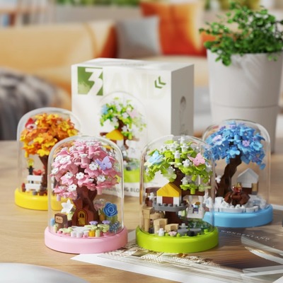 樱花树屋积木拼装永生花摆件