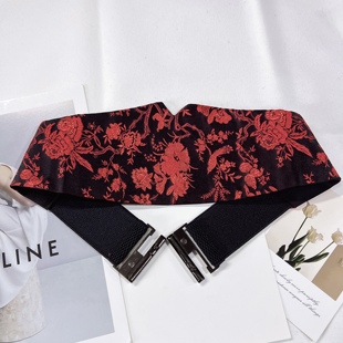 松紧腰水墨花鸟古风马面裙腰封复古文艺汉服腰带时尚优雅配连衣裙