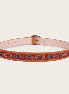 2025现货新款aztec欧美女士民族风绣花腰带花纹女士日字扣PU腰带