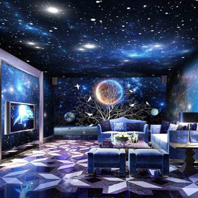 网咖酒店KTV主题3D星空吊顶壁纸布 天花板梦幻宇宙太空电竞馆墙纸