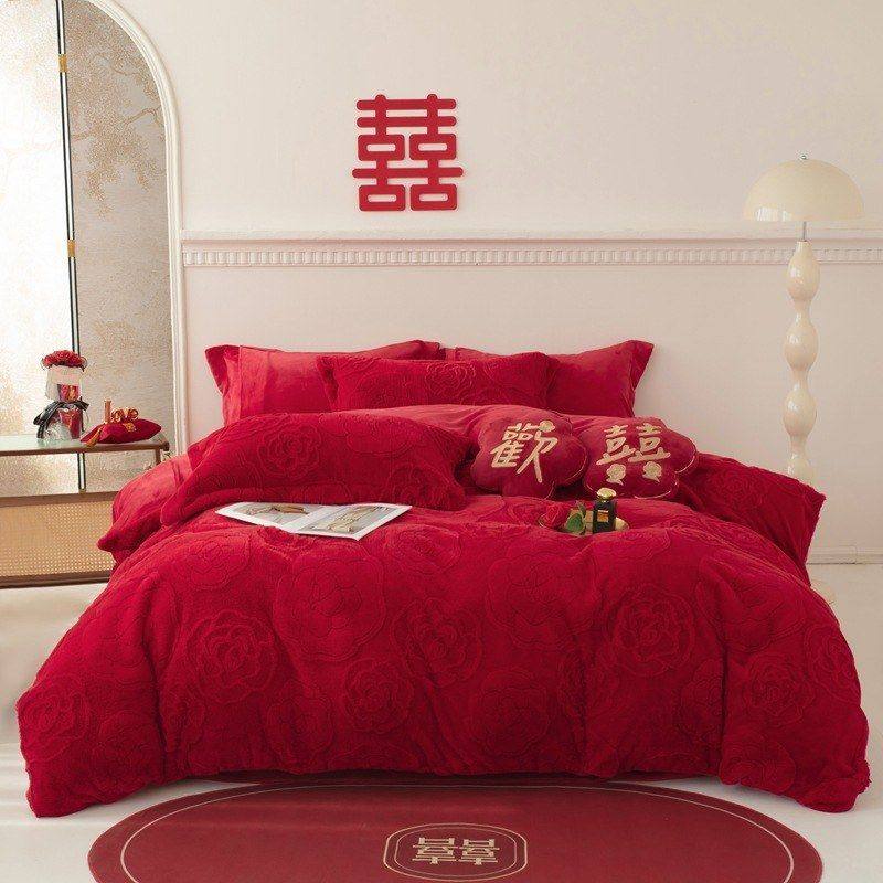 大红色婚庆牛奶绒四件套冬季加厚珊瑚绒床单被套结婚陪嫁床上用品,床上用品,婚庆床品套件,淘宝优惠券,粉丝福利购,淘宝优惠卷