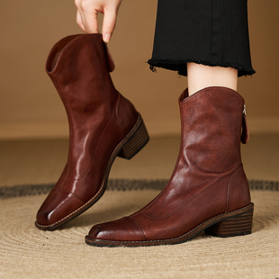 拼接后拉链马丁靴舒适中跟不累脚瘦瘦靴 真皮方头粗跟短靴秋冬新款