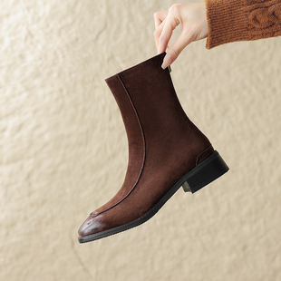 后拉链中跟单靴舒适不累脚瘦瘦靴马丁靴 真皮方头粗跟短靴秋冬新款