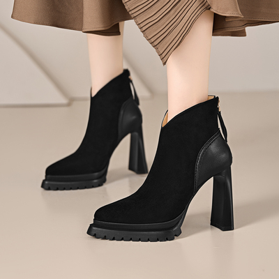 里外全皮防水台粗跟短靴女