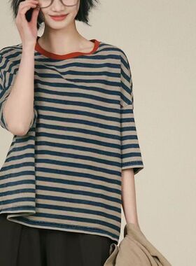 独上织造正版色织全棉短袖后整领口撞色条纹五分圆领宽松T恤夏季