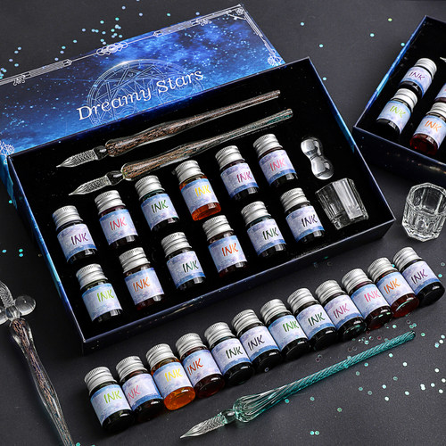 自由星空玻璃蘸水笔套装签字笔水晶学生玻璃蘸墨水笔礼品笔16件套