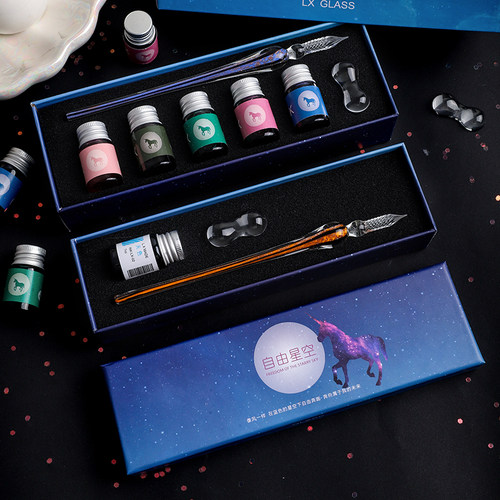 新款自由星空玻璃笔三件套礼盒蘸水笔商务礼品笔学生水晶精美钢笔