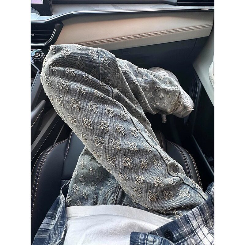 美式高街vibe裤子男夏季潮牌提花满印复古牛仔裤设计感直筒微喇裤