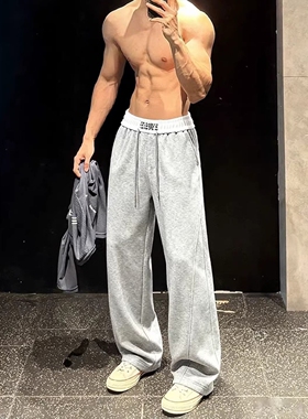 灰色美式健身裤子男款春季高级感垂感直筒训练运动裤休闲弯刀卫裤