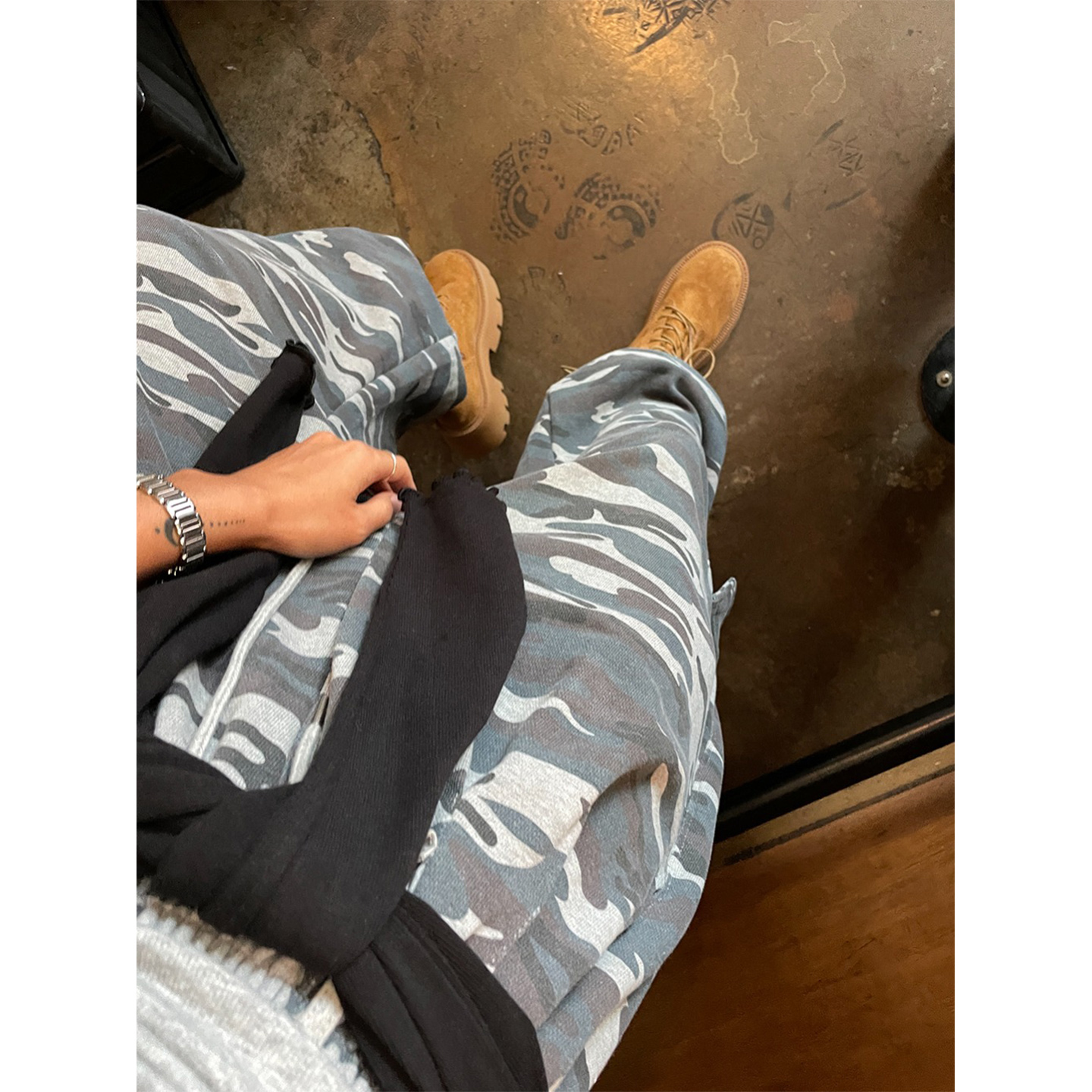 鬼鬼家正品韩代东大门秋 小众设计感松紧腰迷彩休闲长裤工装裤女