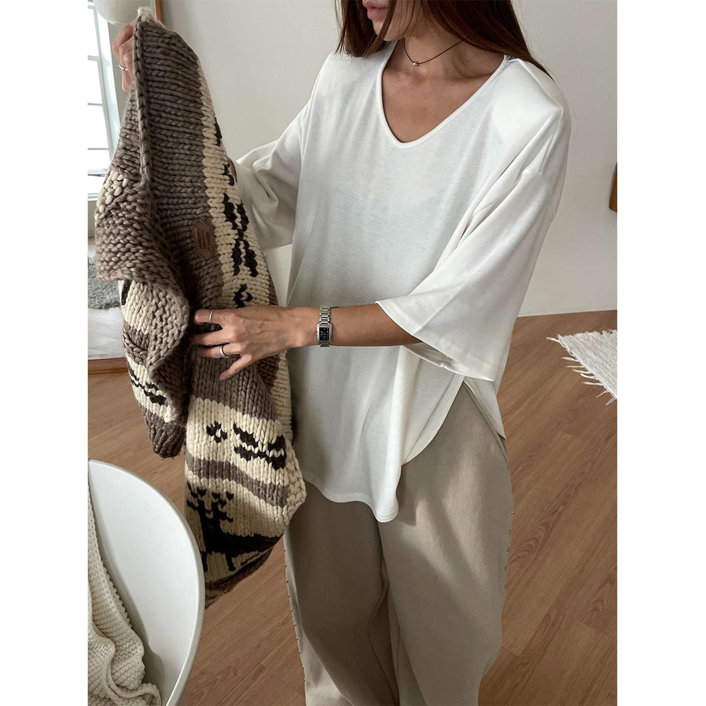 鬼鬼家正品韩代东大门秋 休闲大V领侧边开叉带垫肩中长款短袖T恤