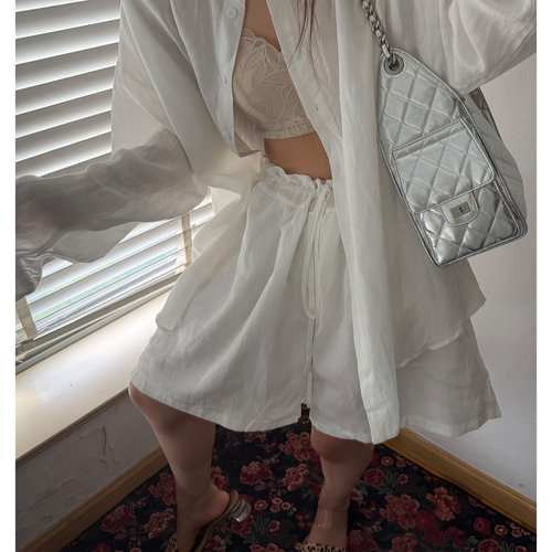 部分现货正品韩代东大门松弛老钱风白色翻领衬衫抽绳五分裤两件套