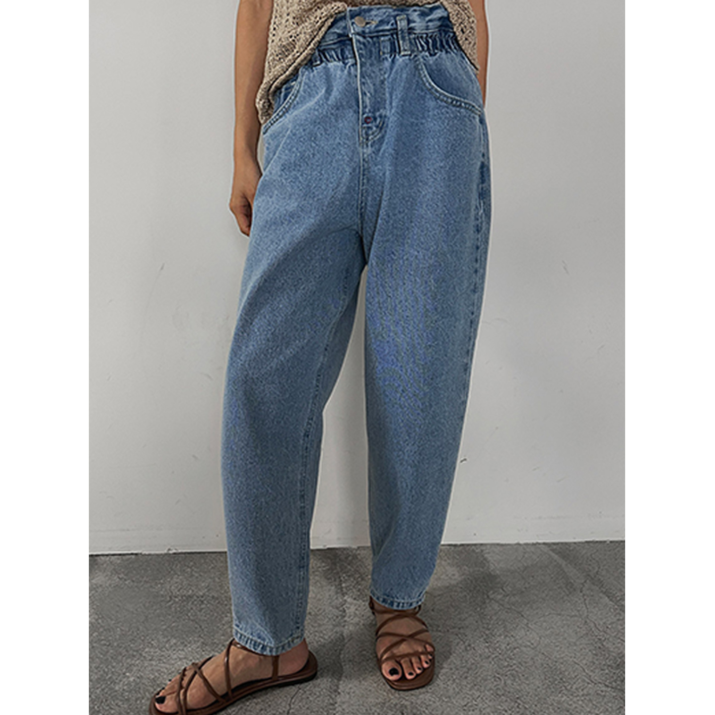 少量现货正品韩代东大门25夏girl时尚百搭宽松花苞高腰牛仔裤长裤