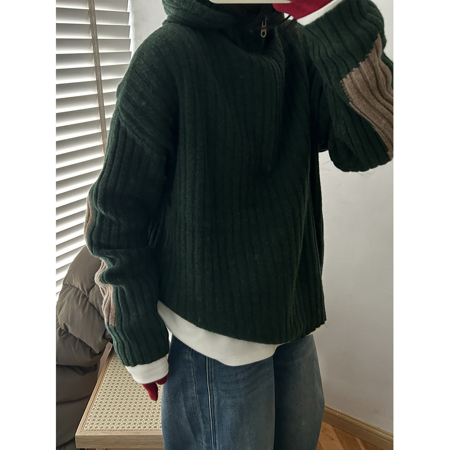 鬼鬼家正品韩代东大门 极简高级复古绿连帽半拉链拼色毛衣 针织