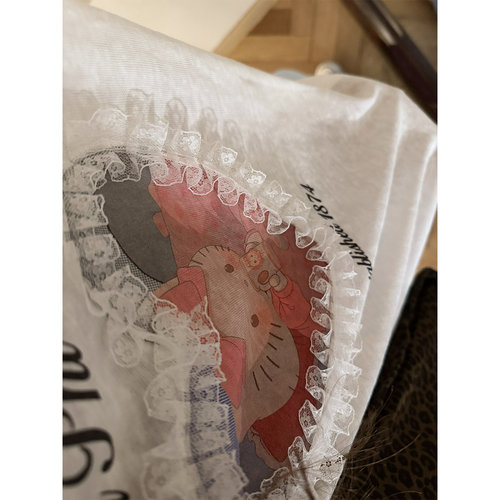 鬼鬼家正品韩代东大门 时尚减龄爱心蕾丝拼接卡通字母印花短袖T恤