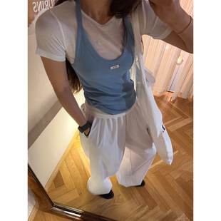 鬼鬼家正品韩代东大门夏 修身显瘦撞色叠穿挂脖背心假两件短袖T恤