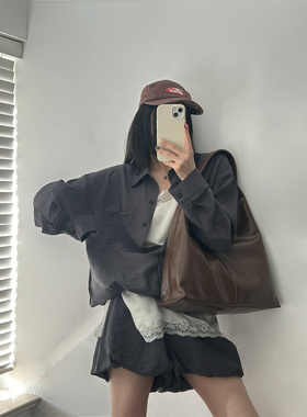 鬼鬼家正品韩代东大门 深灰色褶皱肌理感翻领单排扣衬衫休闲短裤