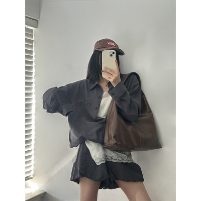 鬼鬼家 正品韩代东大门深灰色褶皱肌理感翻领单排扣衬衫休闲短裤