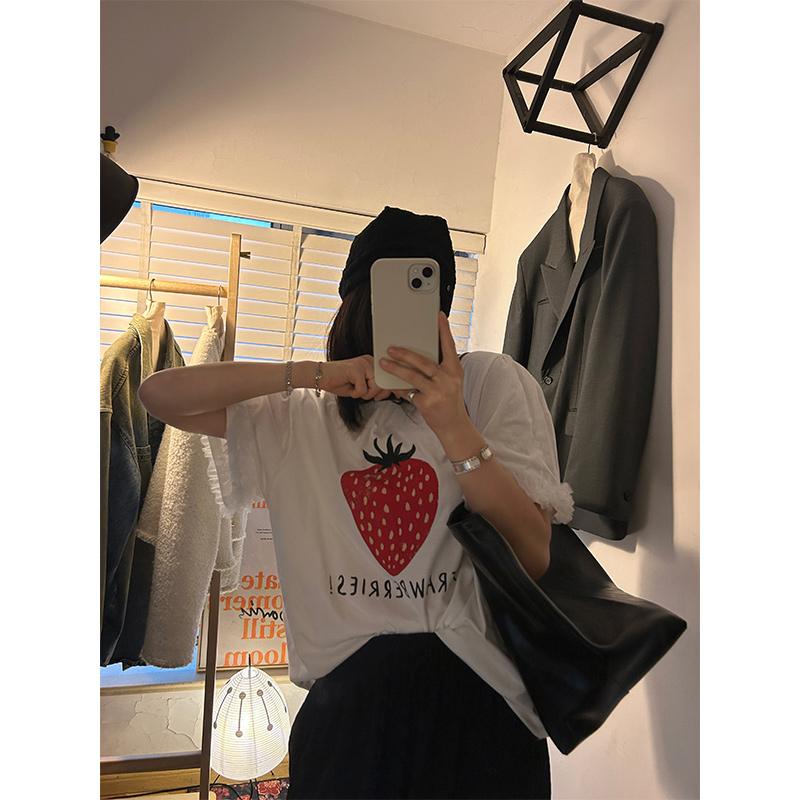 鬼鬼家正品韩代东大门 可耐大草莓棉泡泡袖宽松蕾丝网纱边短袖T恤