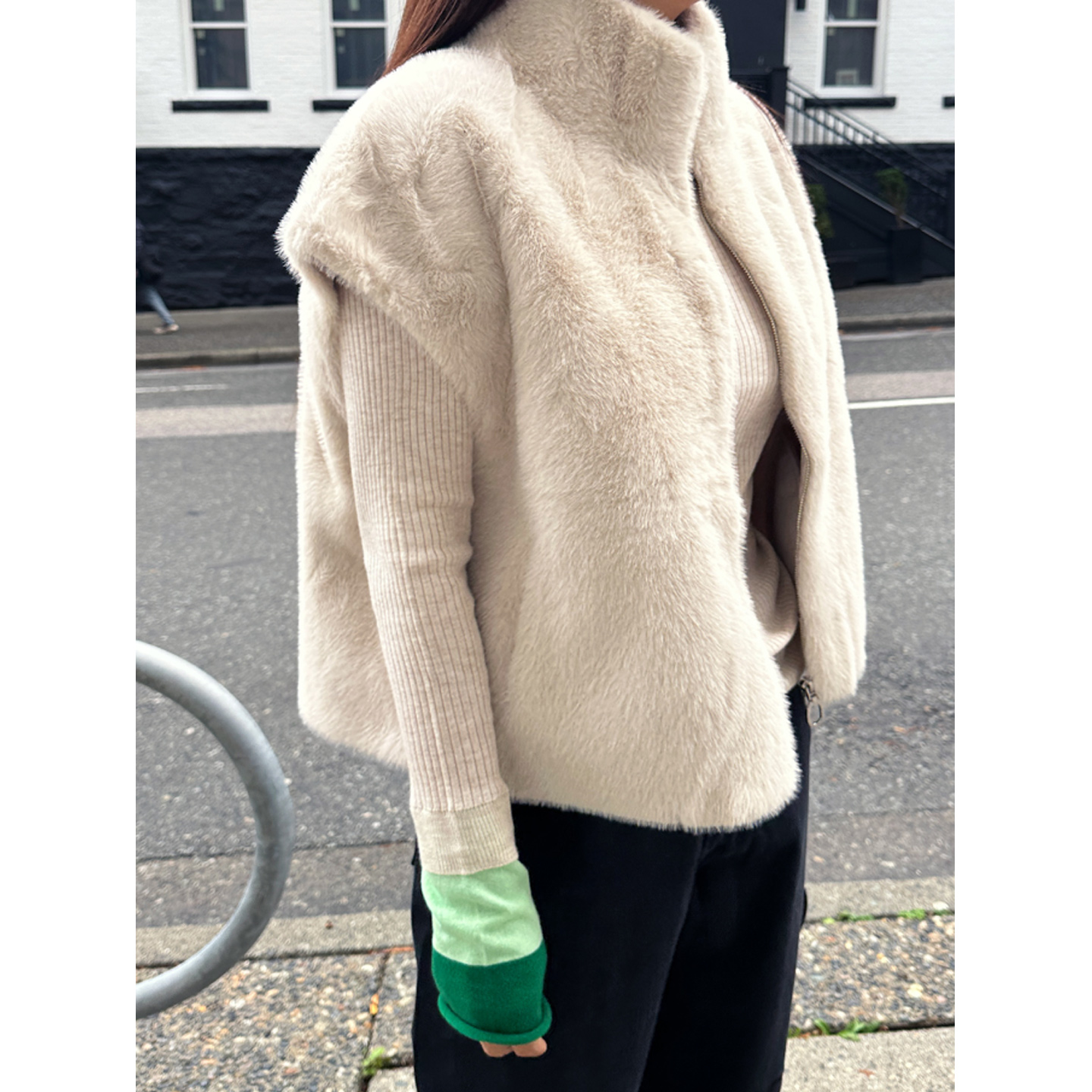 鬼鬼家正品韩代东大门秋冬 浅米色保暖百搭立领拉链毛毛马甲马夹