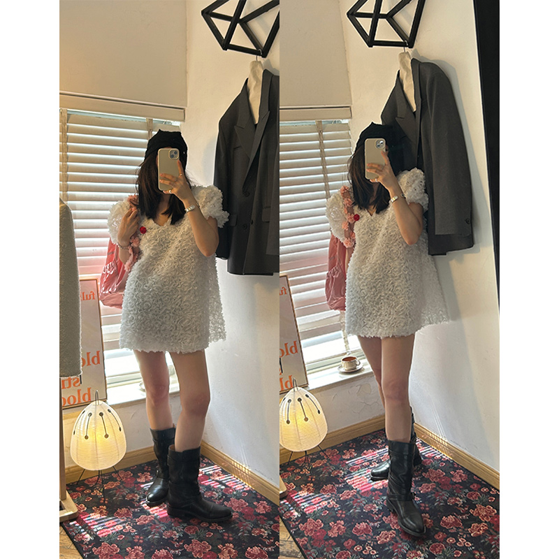 鬼鬼家正品韩代东大门 自留炒爱玫瑰花朵含胸针直筒V领连衣裙女神