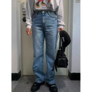 少量现货正品韩代东大门25春夏高腰拉链系扣水洗做旧直筒牛仔长裤