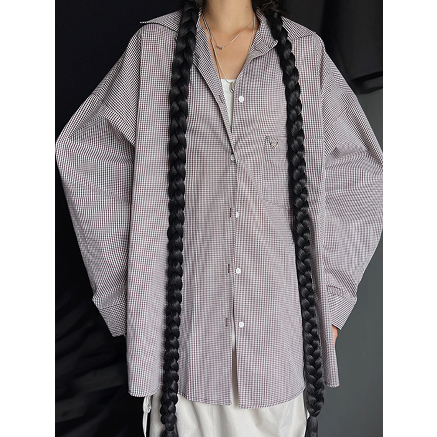 鬼鬼家正品韩代东大门秋冬 气质宽松休闲翻领单排扣小格纹衬衫女