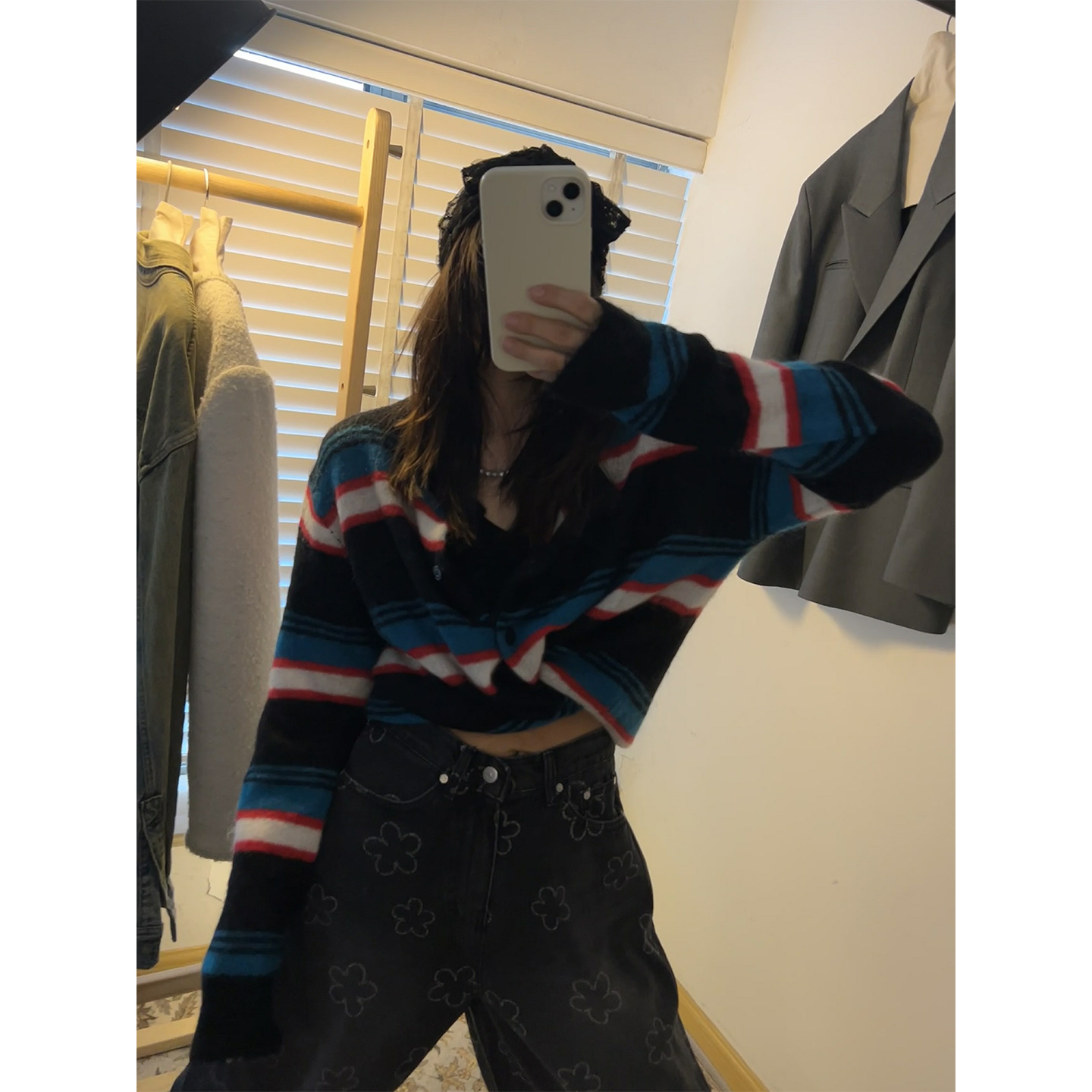 鬼鬼家 正品韩代东大门秋冬 复古慵懒马海毛条纹长袖针织开衫外套